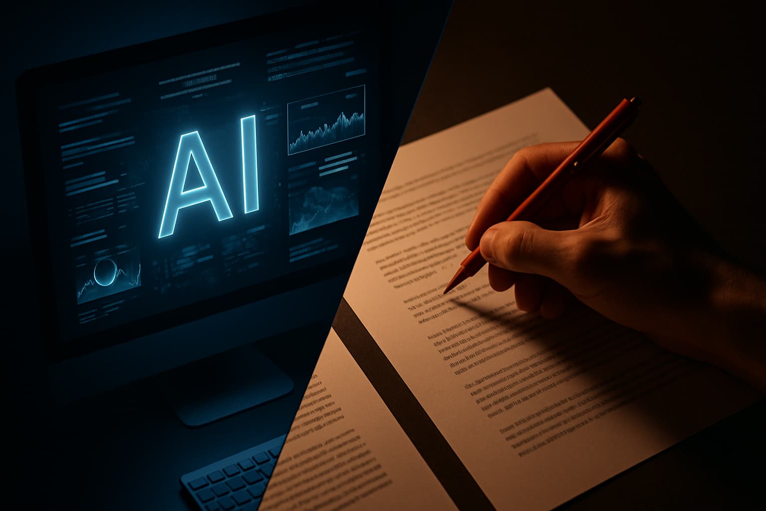 AI content strategy workspace split between AI interface and human editing