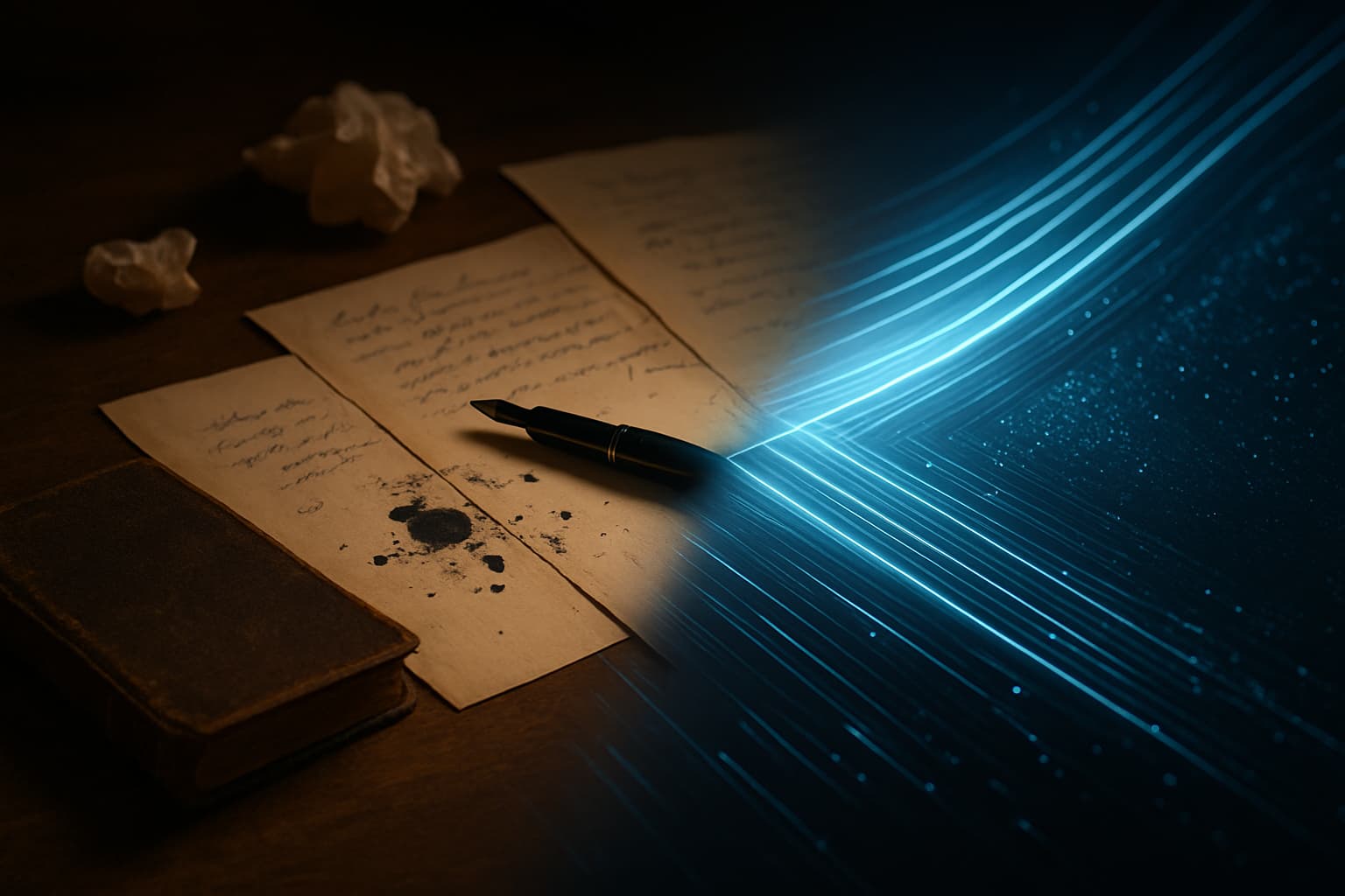 Handwritten notes dissolving into digital light representing AI writing vs human writing