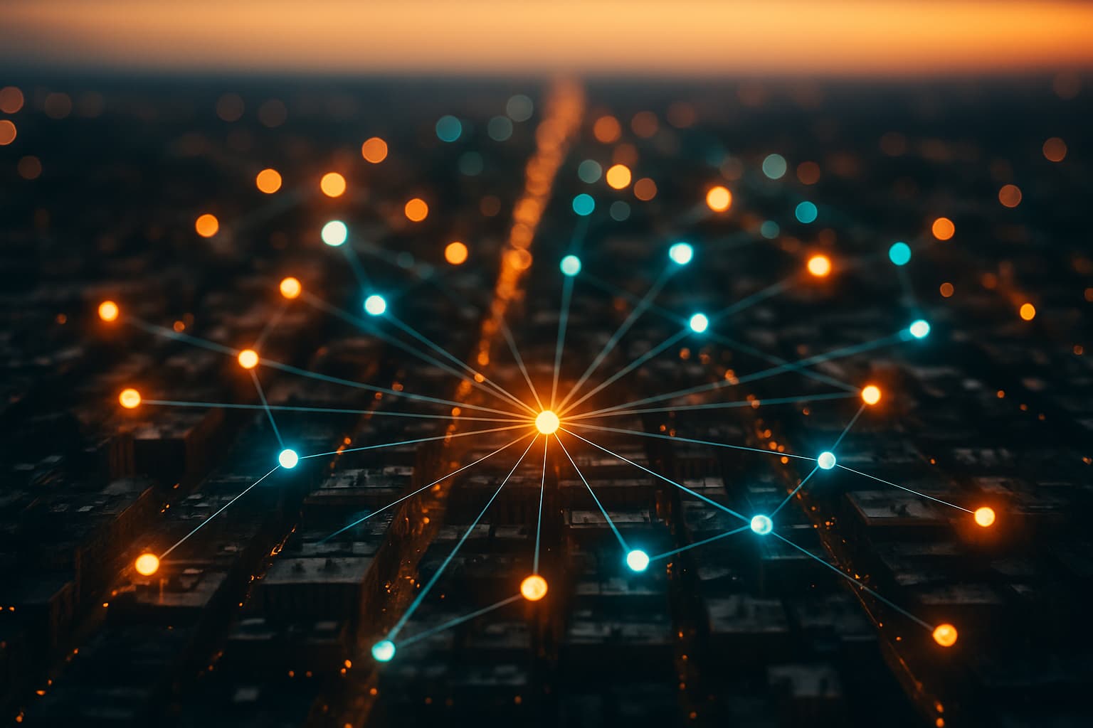 City grid with glowing local business network nodes