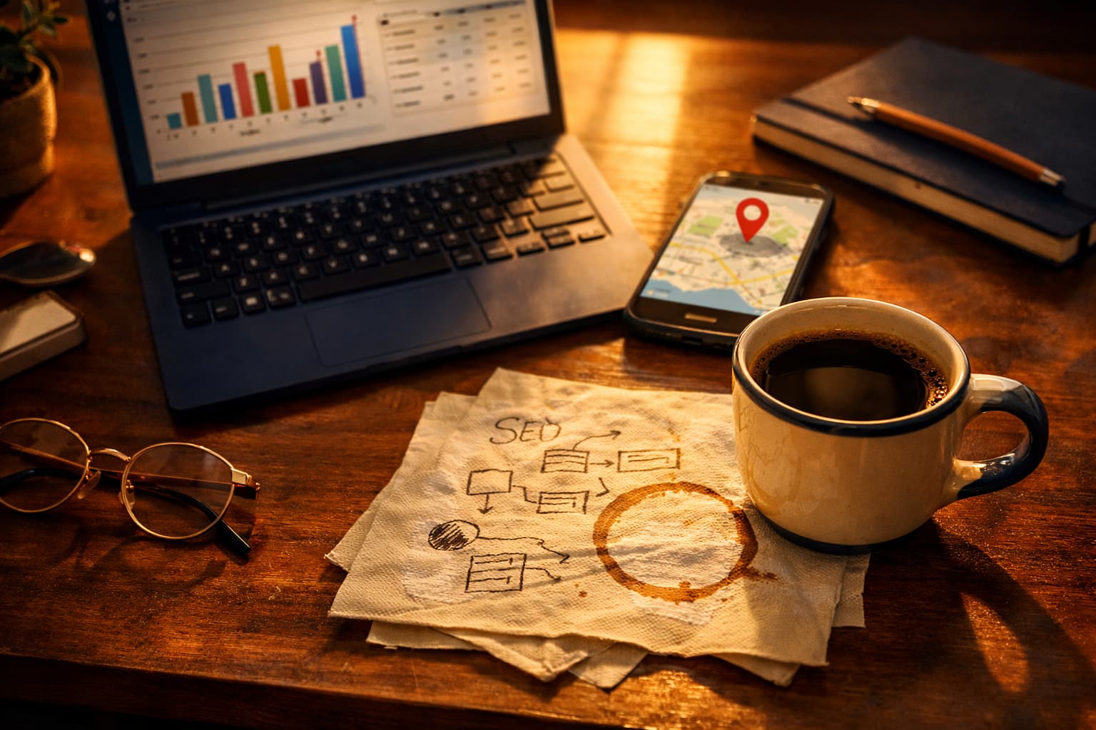 Small business desk with SEO tools and keyword metrics