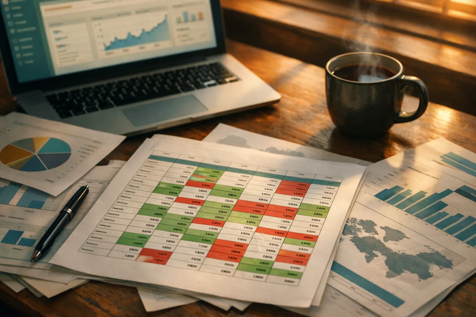 Analytics spreadsheets and content audit data on a wooden desk