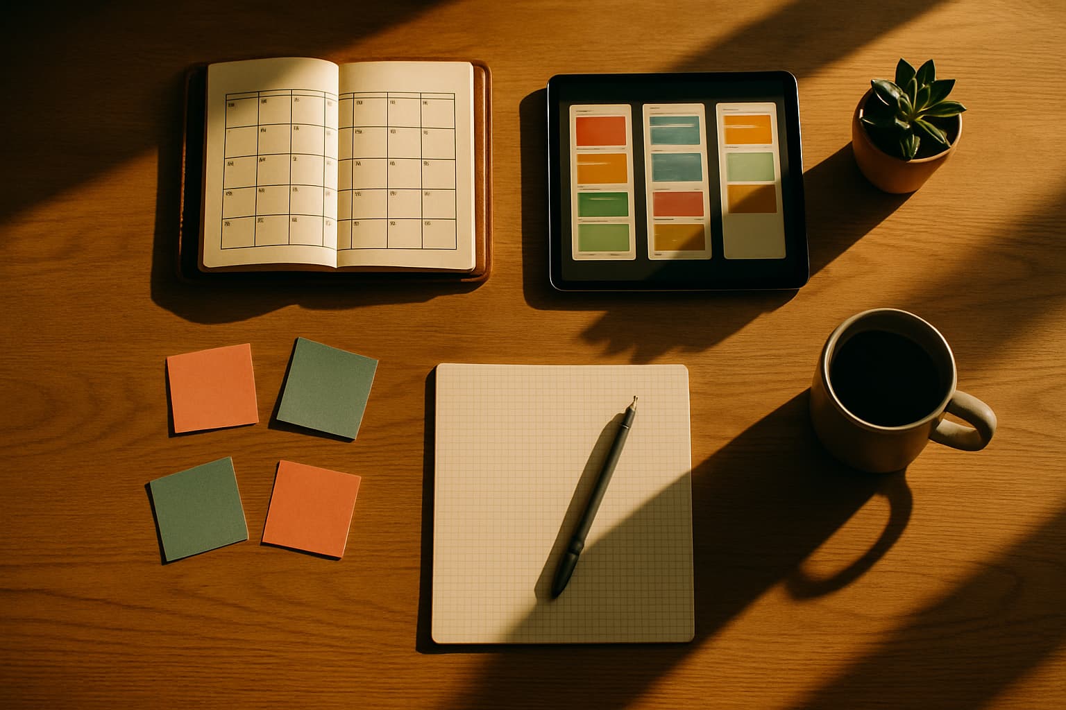 Content planning tools arranged on a desk with calendar and notes