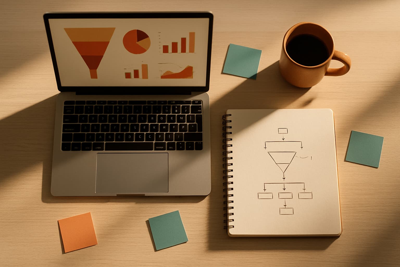 Workspace desk with conversion rate data charts and funnel sketches