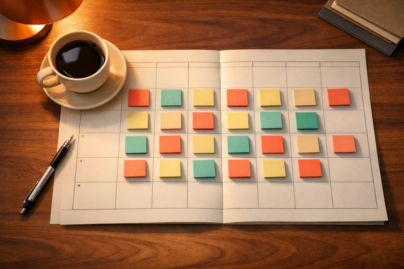 Desk workspace with paper calendar grid and colored sticky notes