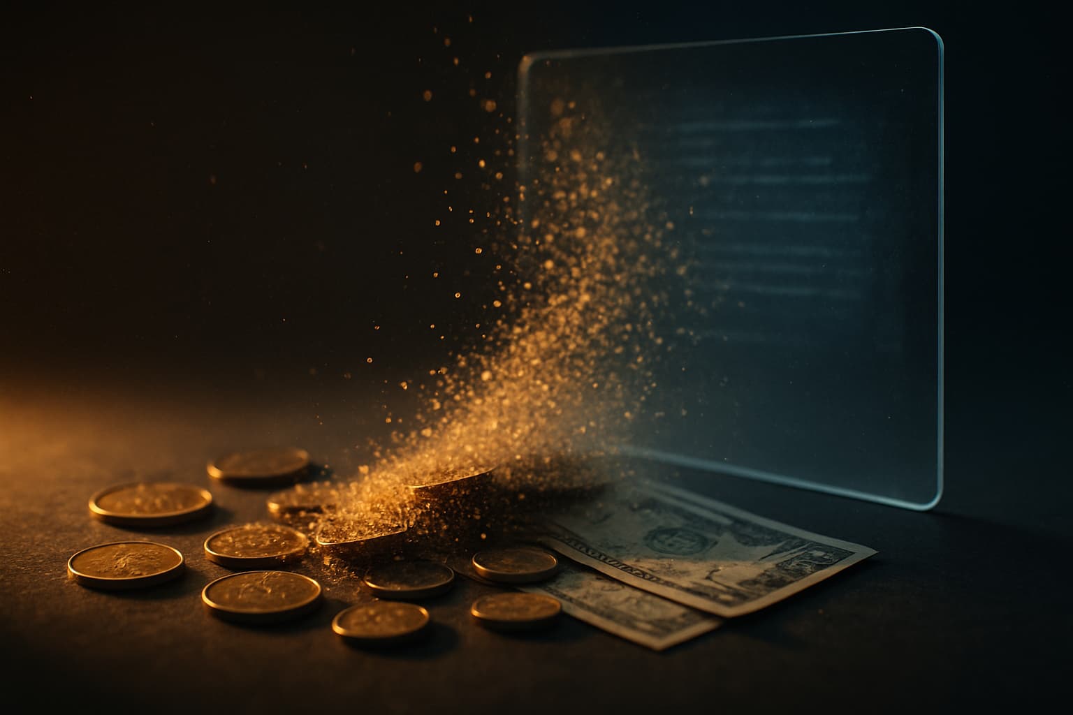 Coins dissolving into digital particles representing free AI writing tool costs