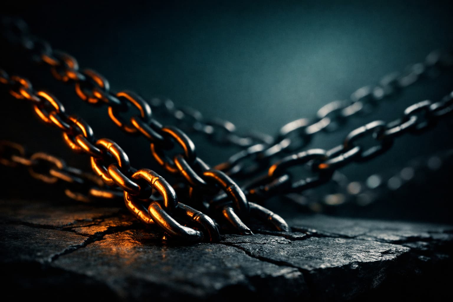 Interconnected chains catching warm light against dark background