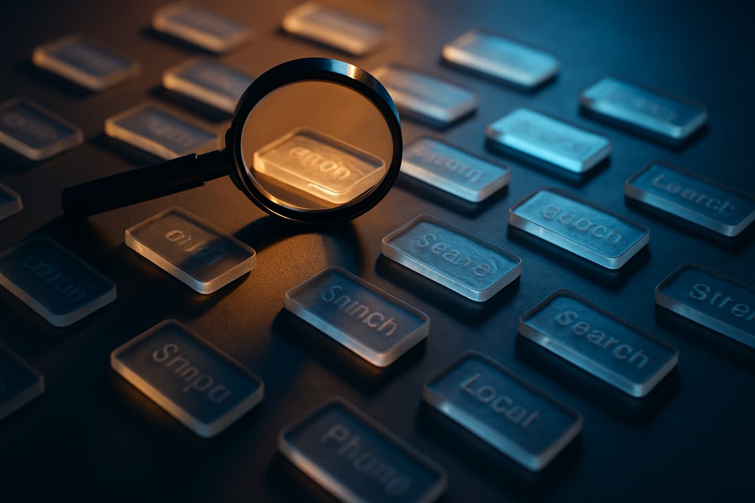 Magnifying glass over keyword tiles with warm amber lighting