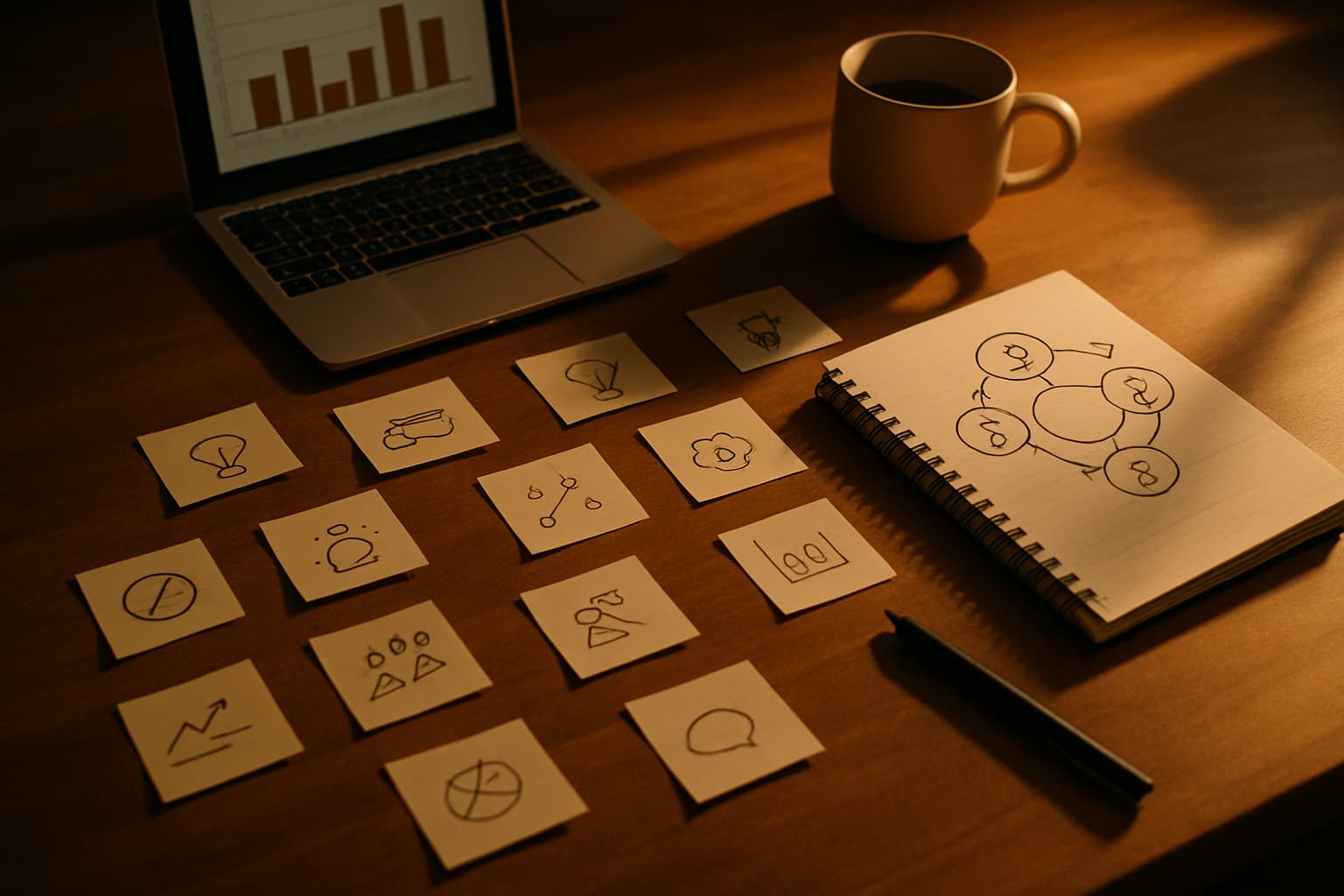 Desk with sticky notes and charts for startup market research