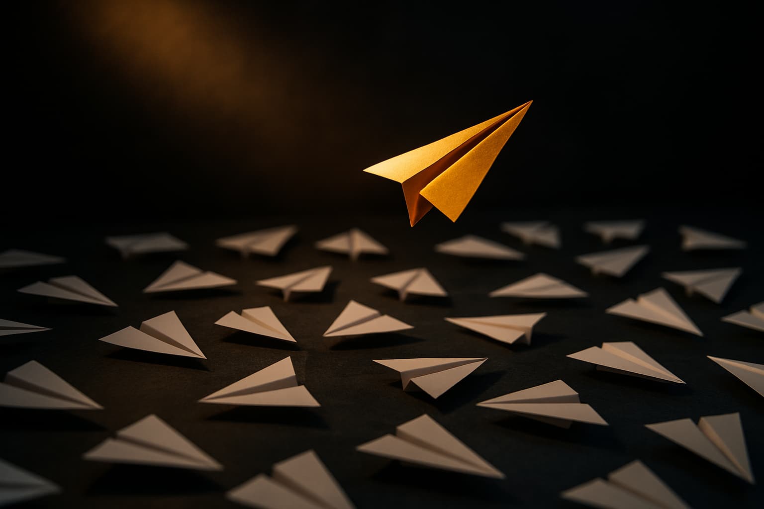 Golden paper airplane rising above scattered planes in warm light