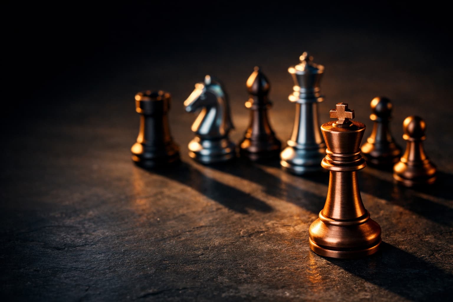 Seven metallic chess pieces representing Jasper AI alternative tools