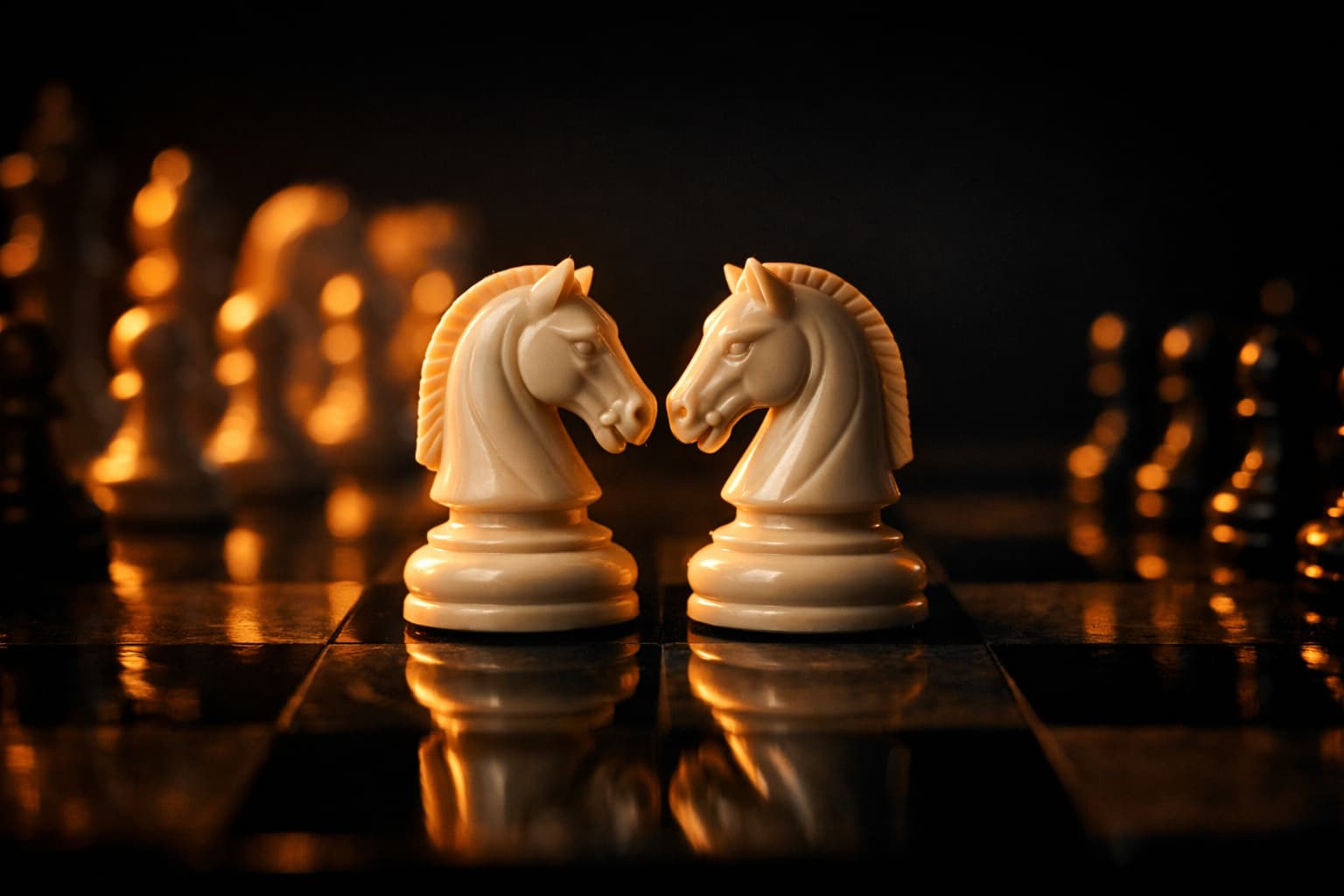 Two chess knights facing each other in amber light