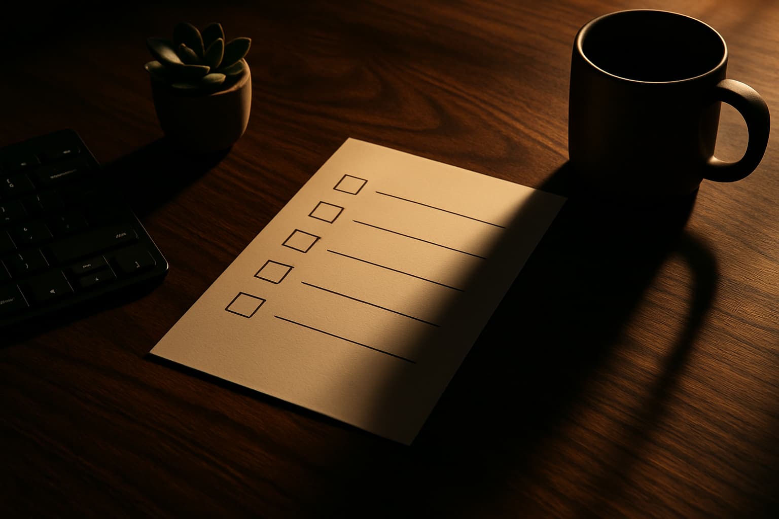 On-page SEO checklist on a minimalist desk with warm lighting