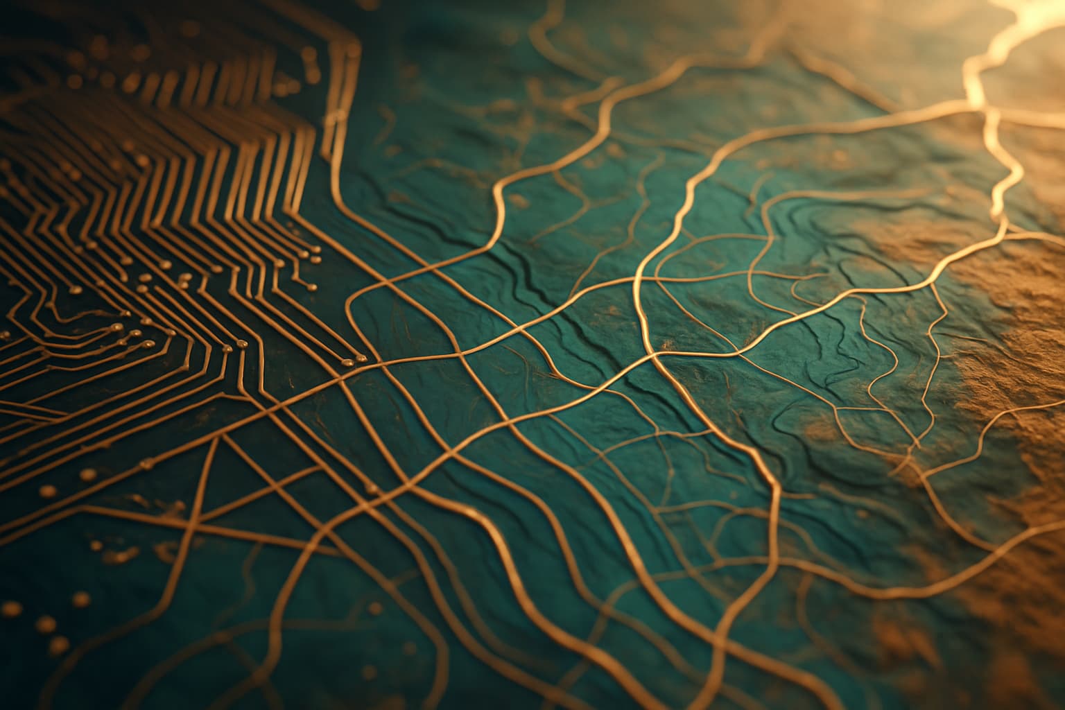 Circuit board traces merging into topographic map pathways
