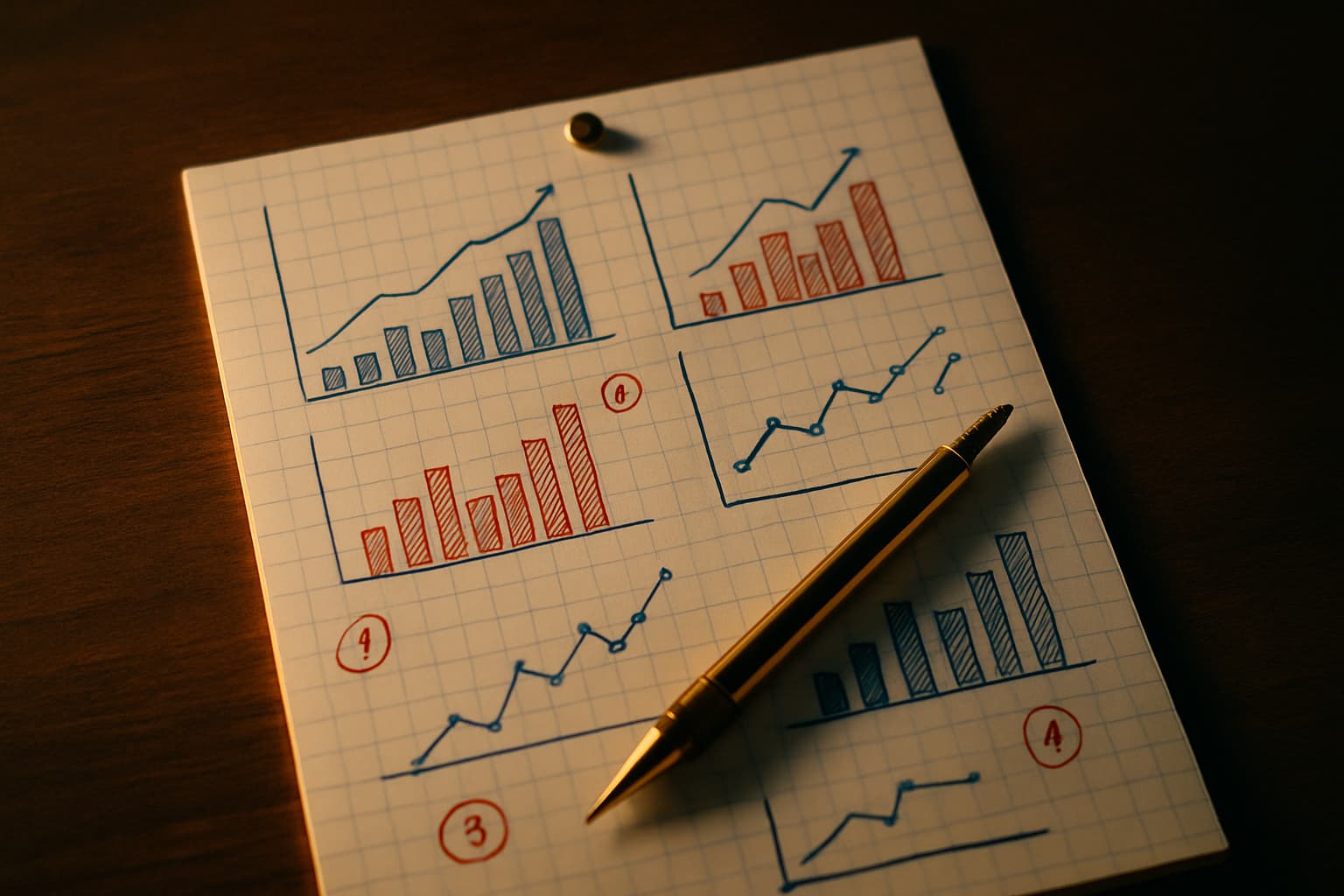 Hand-drawn SaaS metrics charts on graph paper with brass pencil
