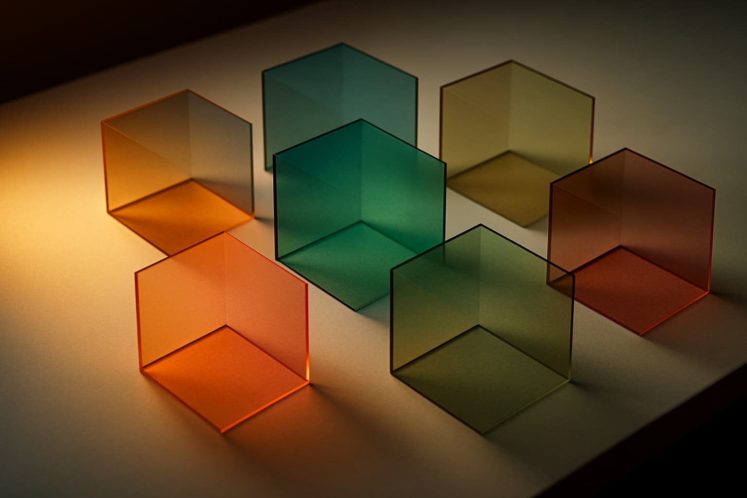 Seven glowing glass panels on a desk representing SEO content writing software comparison