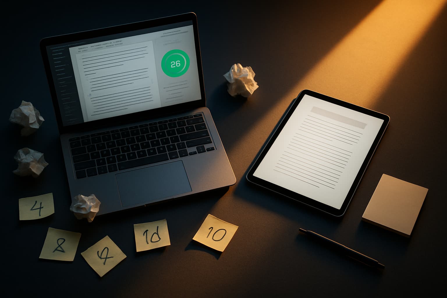 Desk transition from cluttered content scoring to clean article workflow