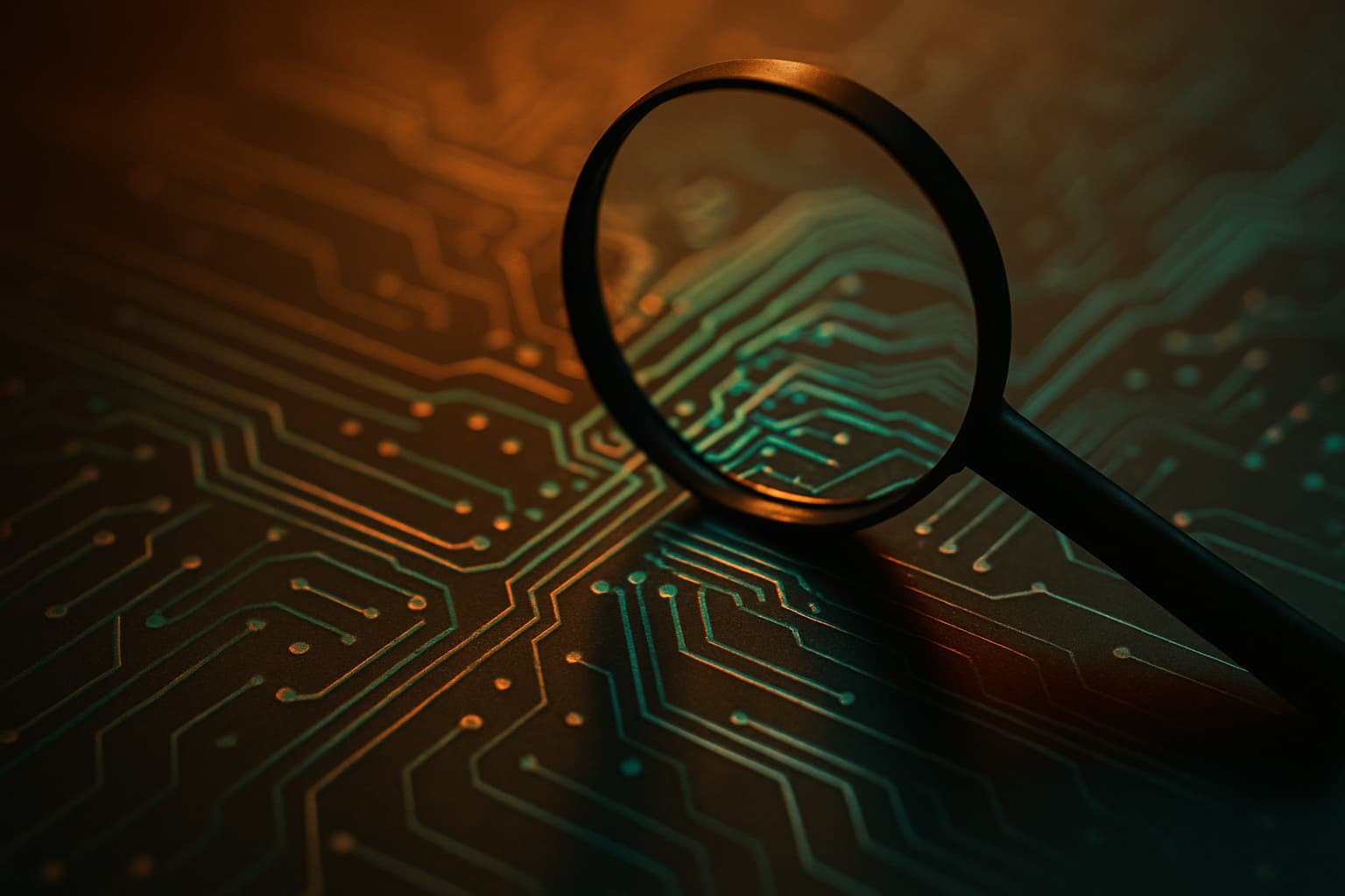 Magnifying glass over circuit board representing technical SEO audit