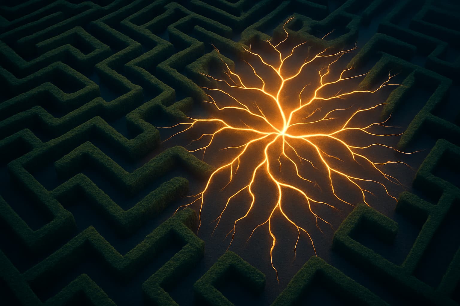 Aerial view of hedge maze transitioning into glowing neural network paths