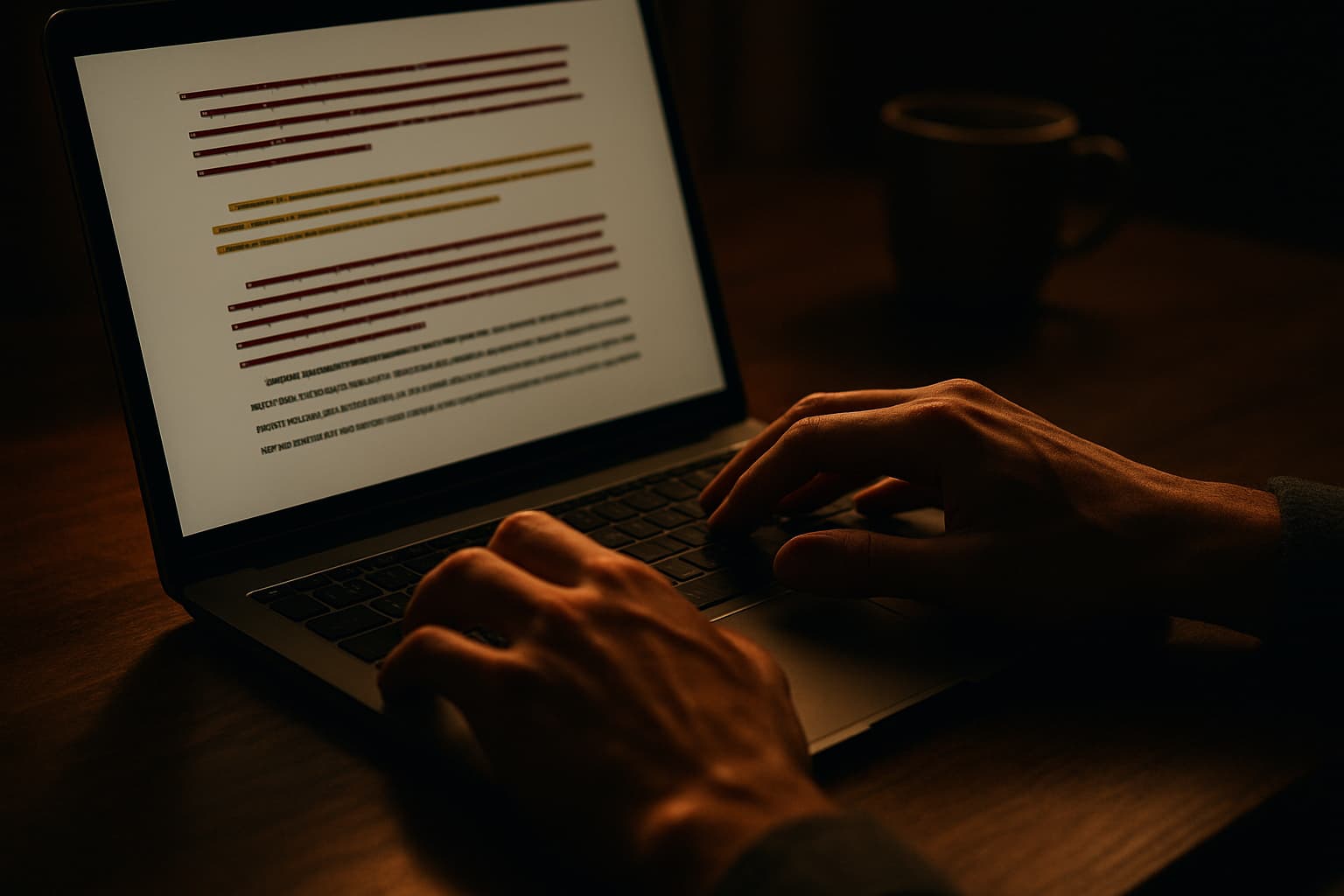 Hands editing web content on a laptop with amber lighting