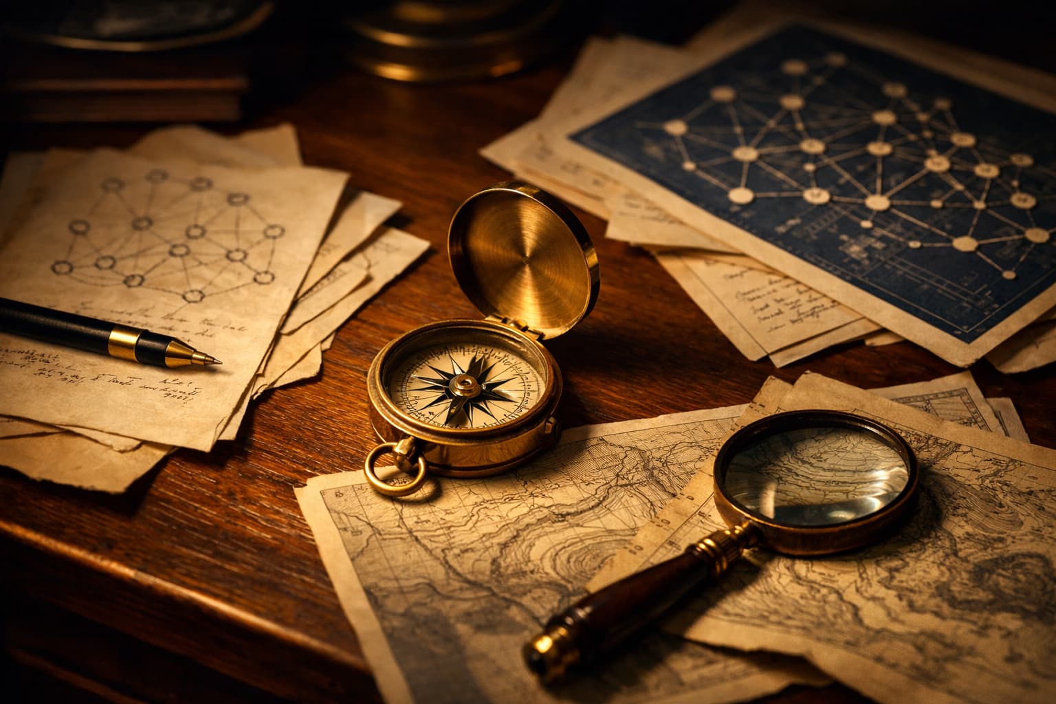 White-hat link building strategy planning desk with compass