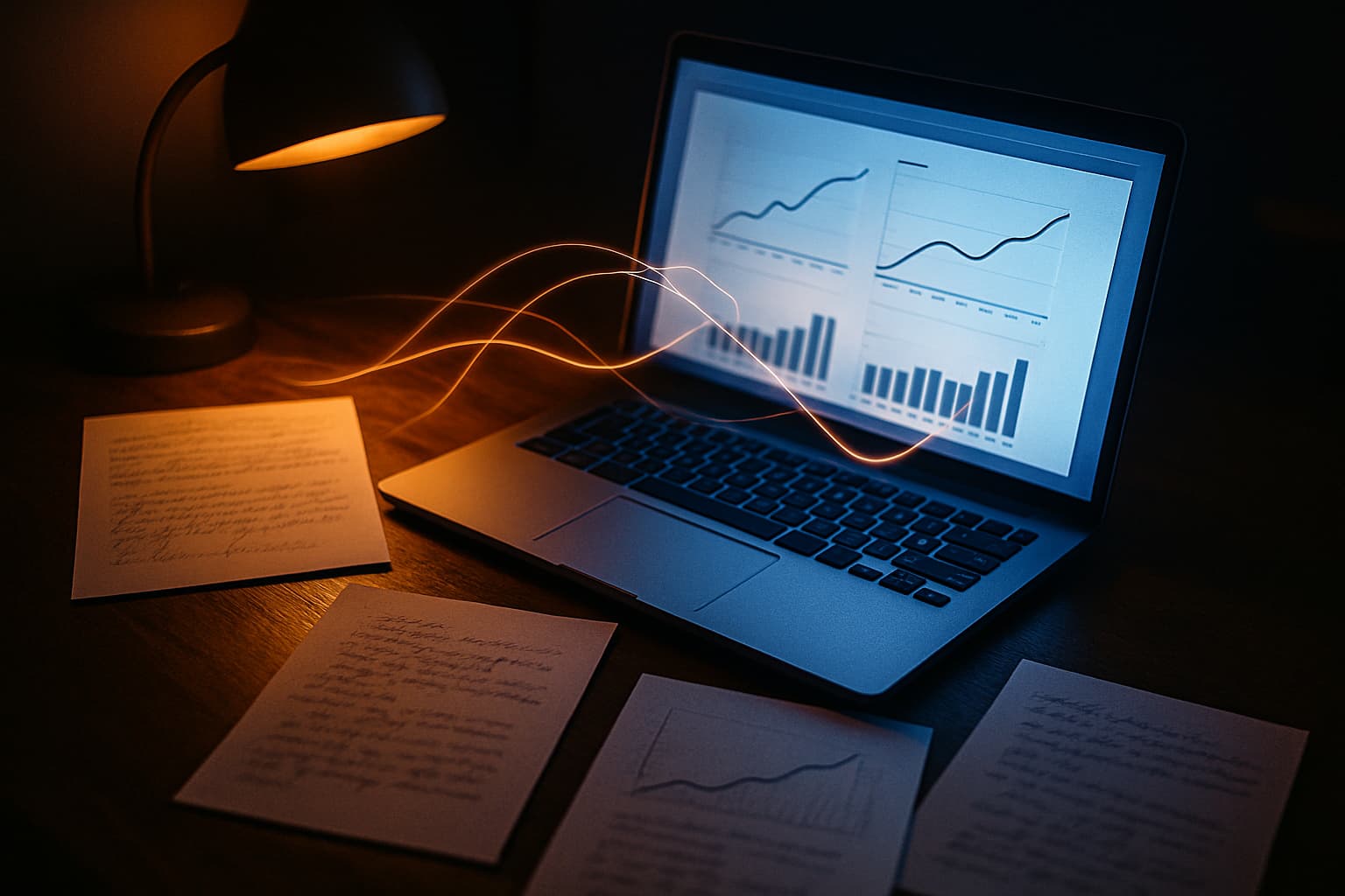 Laptop and handwritten notes showing AI content optimization workflow