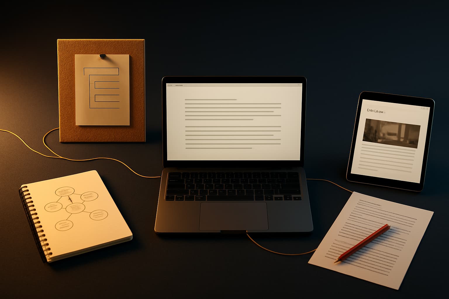 Five-stage AI blogging workflow on an organized desk