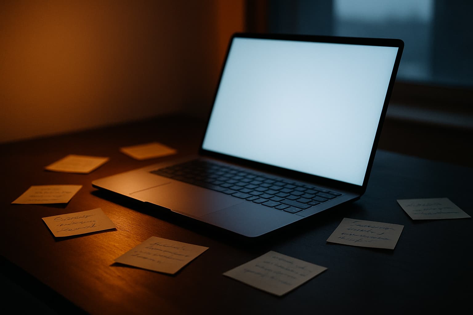 Laptop with AI writing assistant glowing on a dark desk