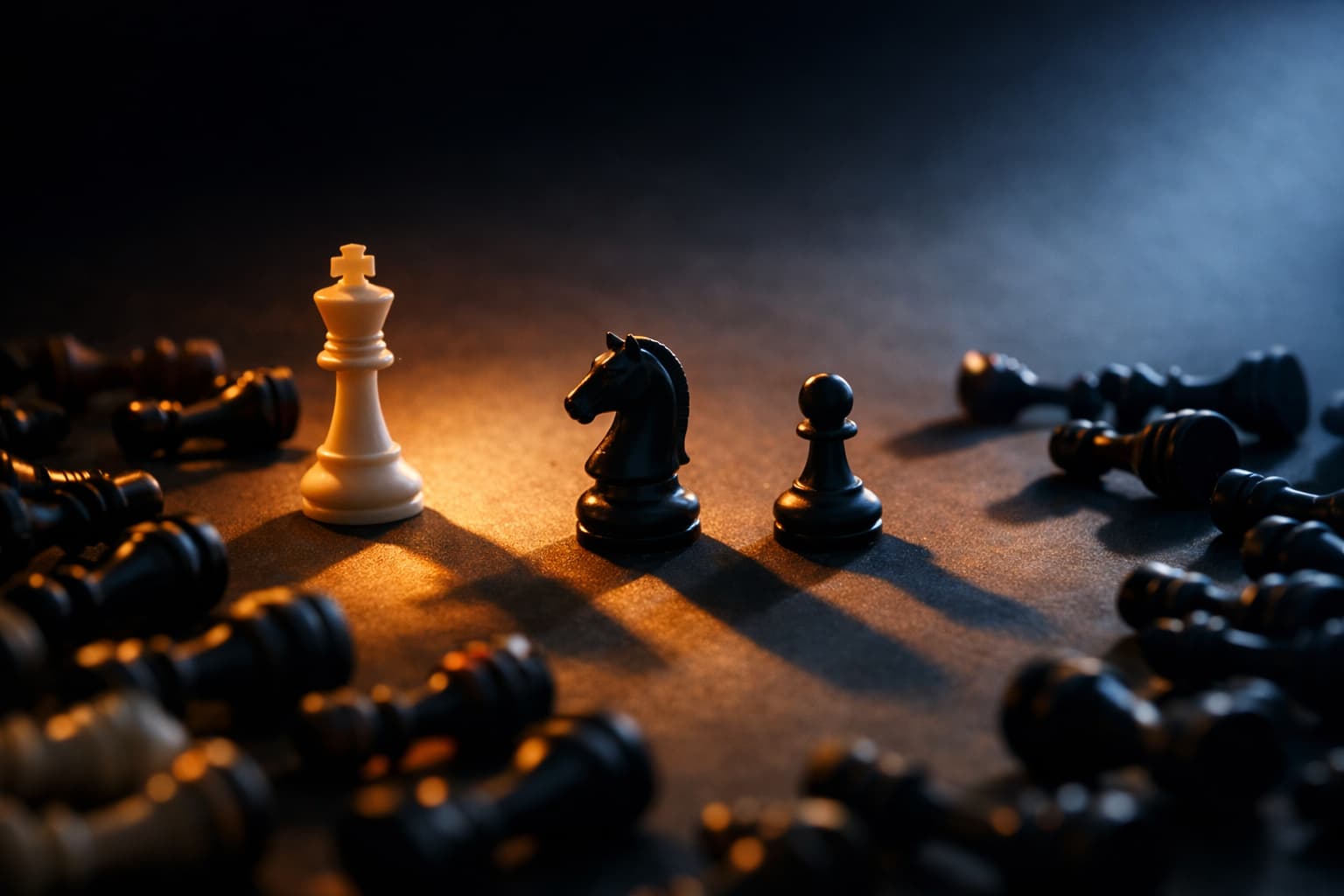 Chess pieces casting amber shadows on a dark surface
