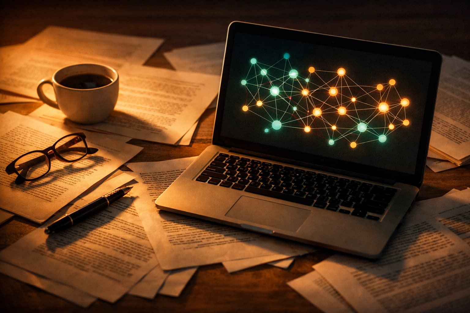 Research desk with AI-powered citation network on laptop