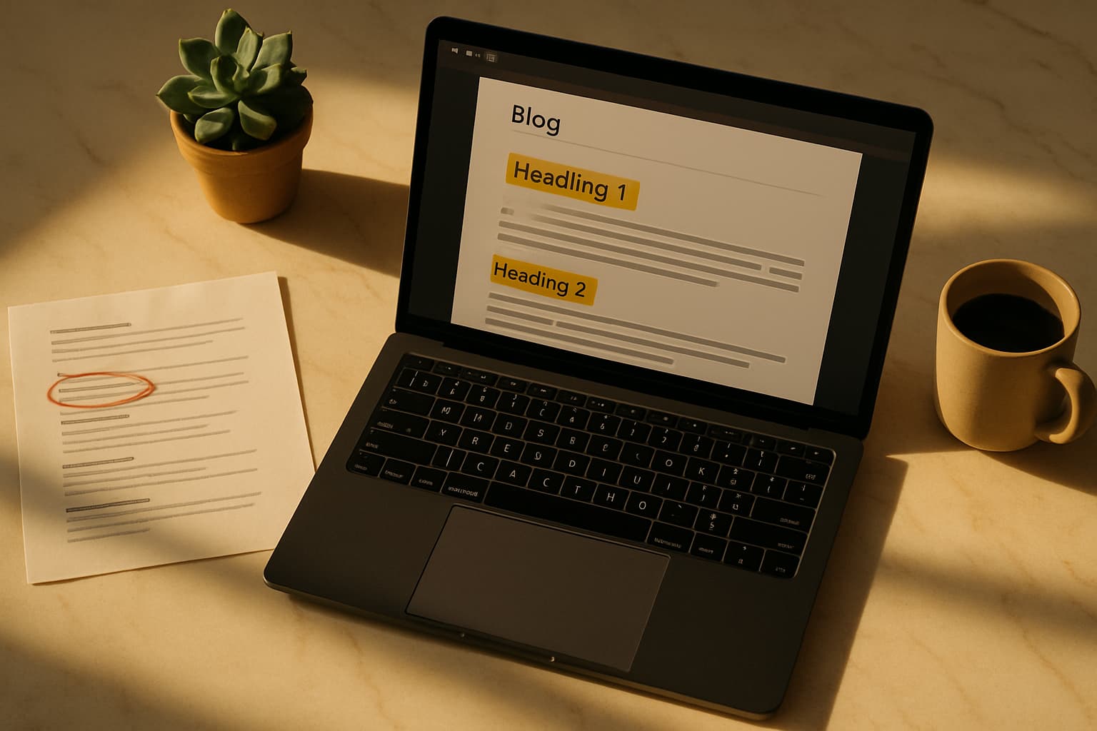 Desk workspace with blog editor and SEO best practices notes