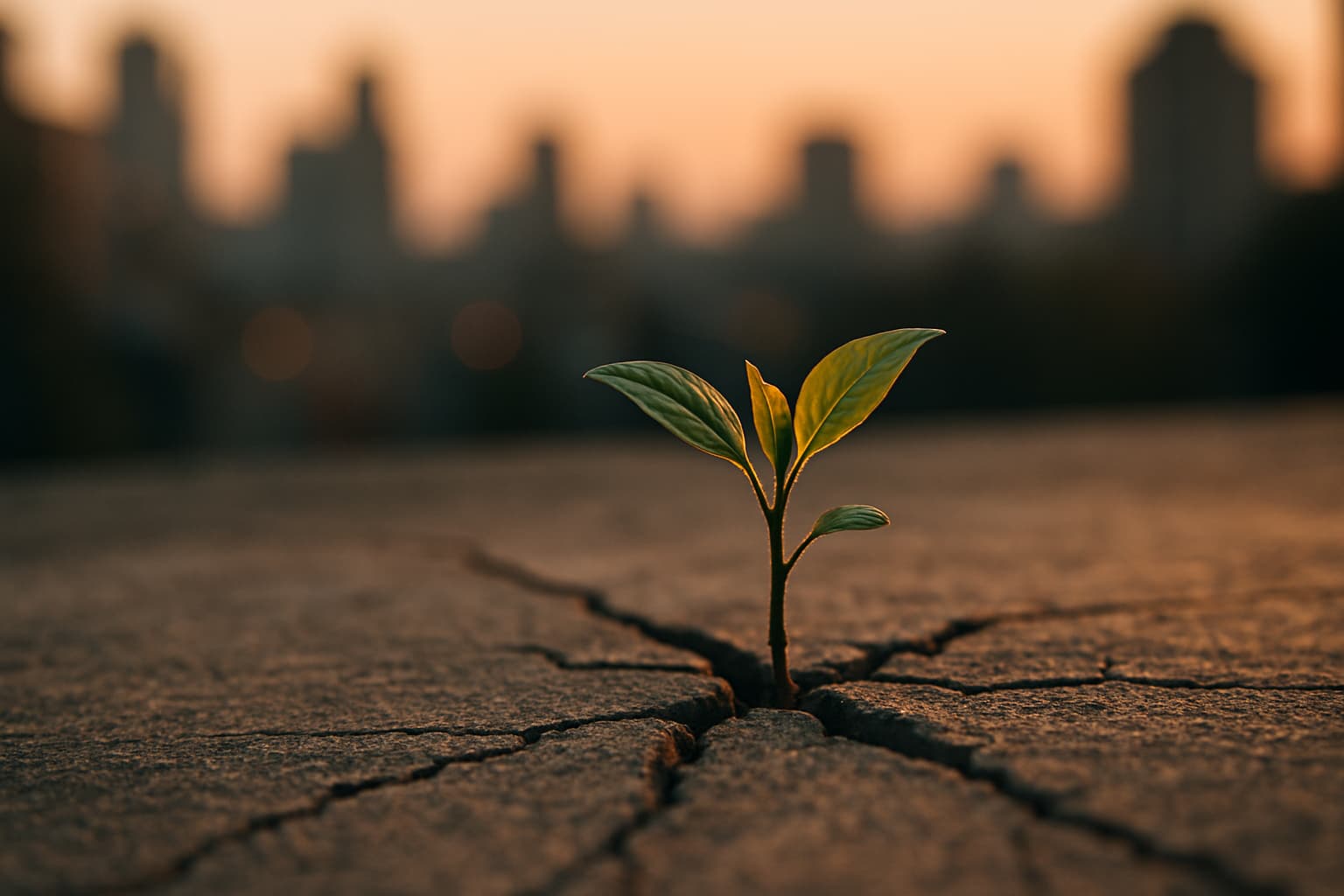 Seedling growing through concrete into sunlight