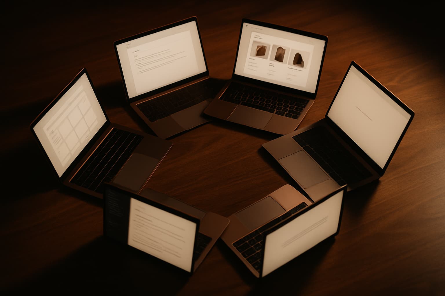 Six CMS platforms compared on laptops with warm editorial lighting