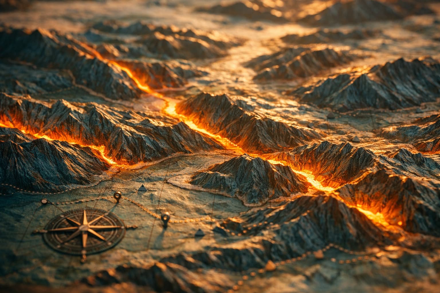 Topographic map with highlighted gaps between terrain ridges