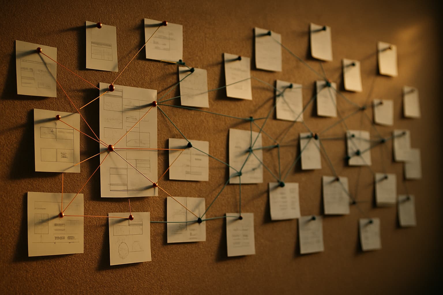 Strategy corkboard with interconnected content clusters