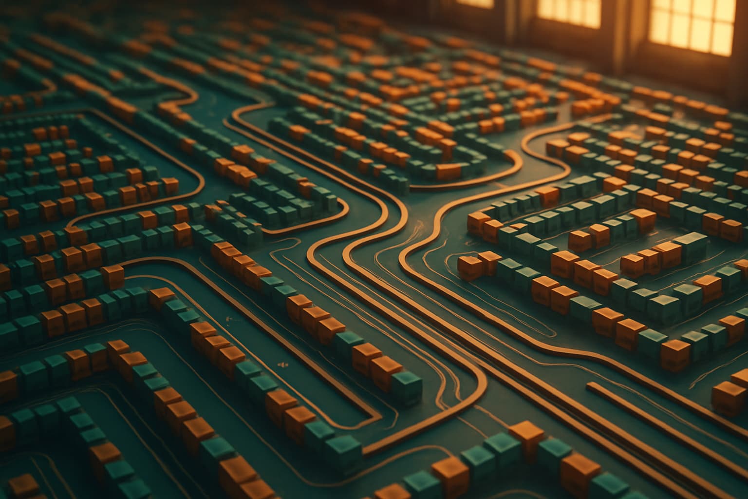 Ecommerce SEO warehouse pathways forming a circuit board pattern
