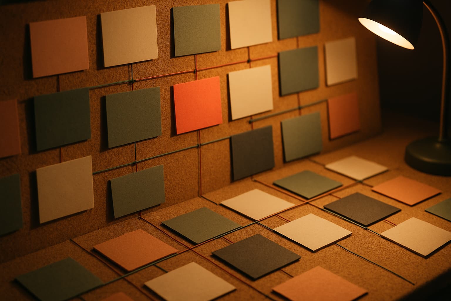 Cork board with editorial calendar cards and colored threads