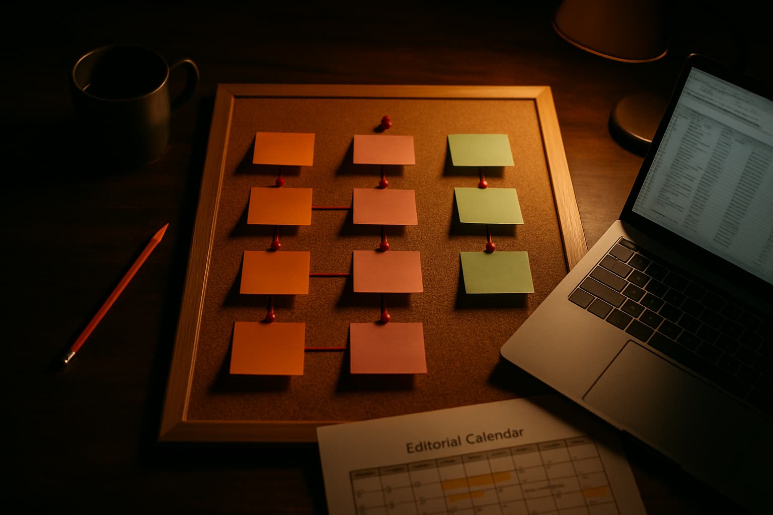 Keyword research workspace with sticky notes arranged in a buyer funnel
