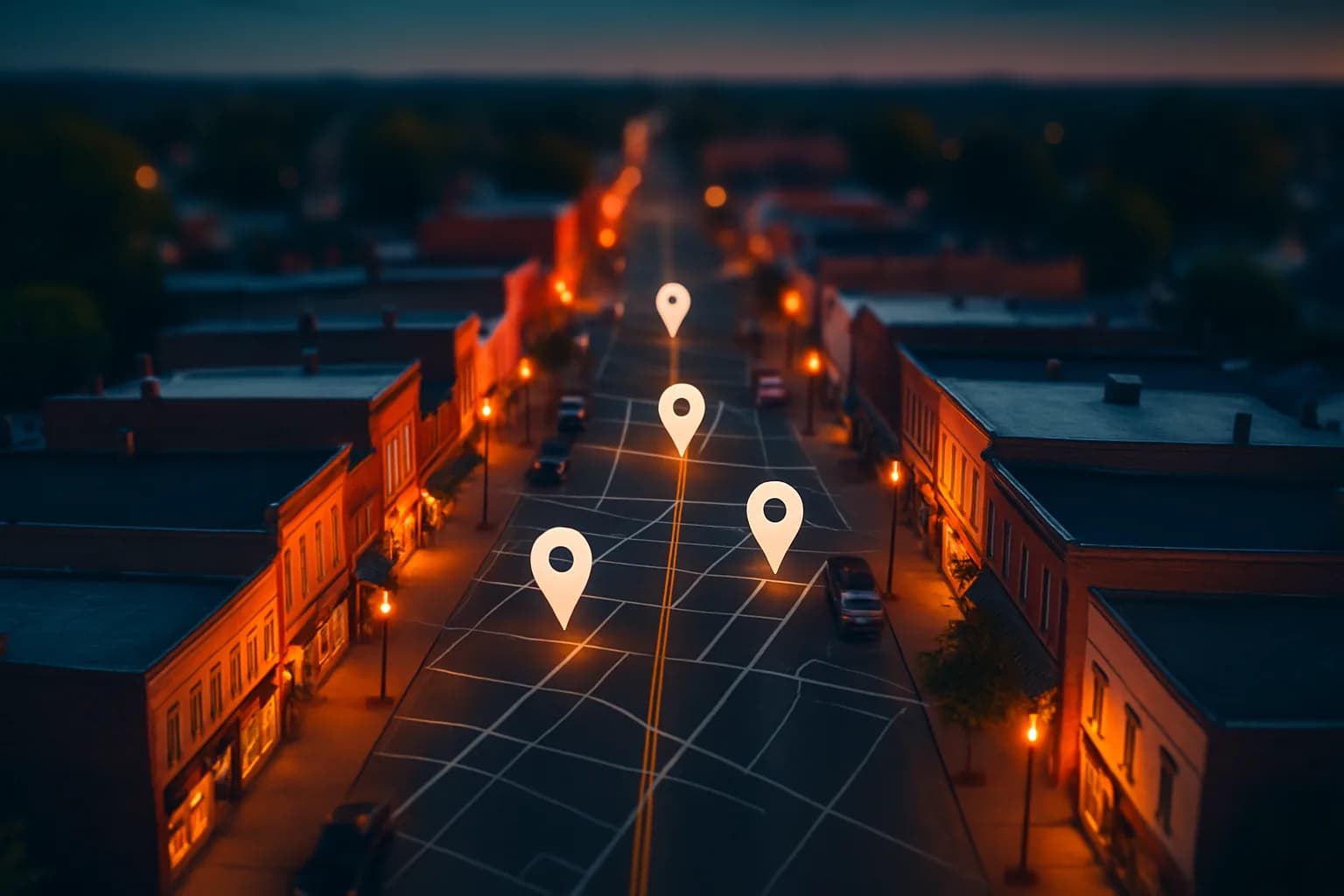 Small-town main street with local SEO map pins at golden hour