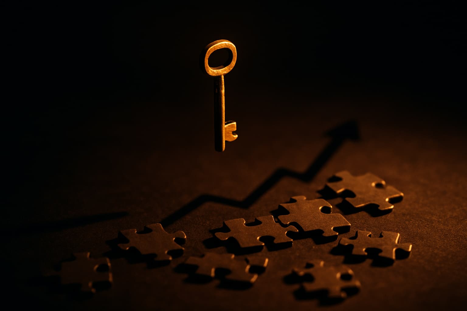Golden key casting light on scattered puzzle pieces