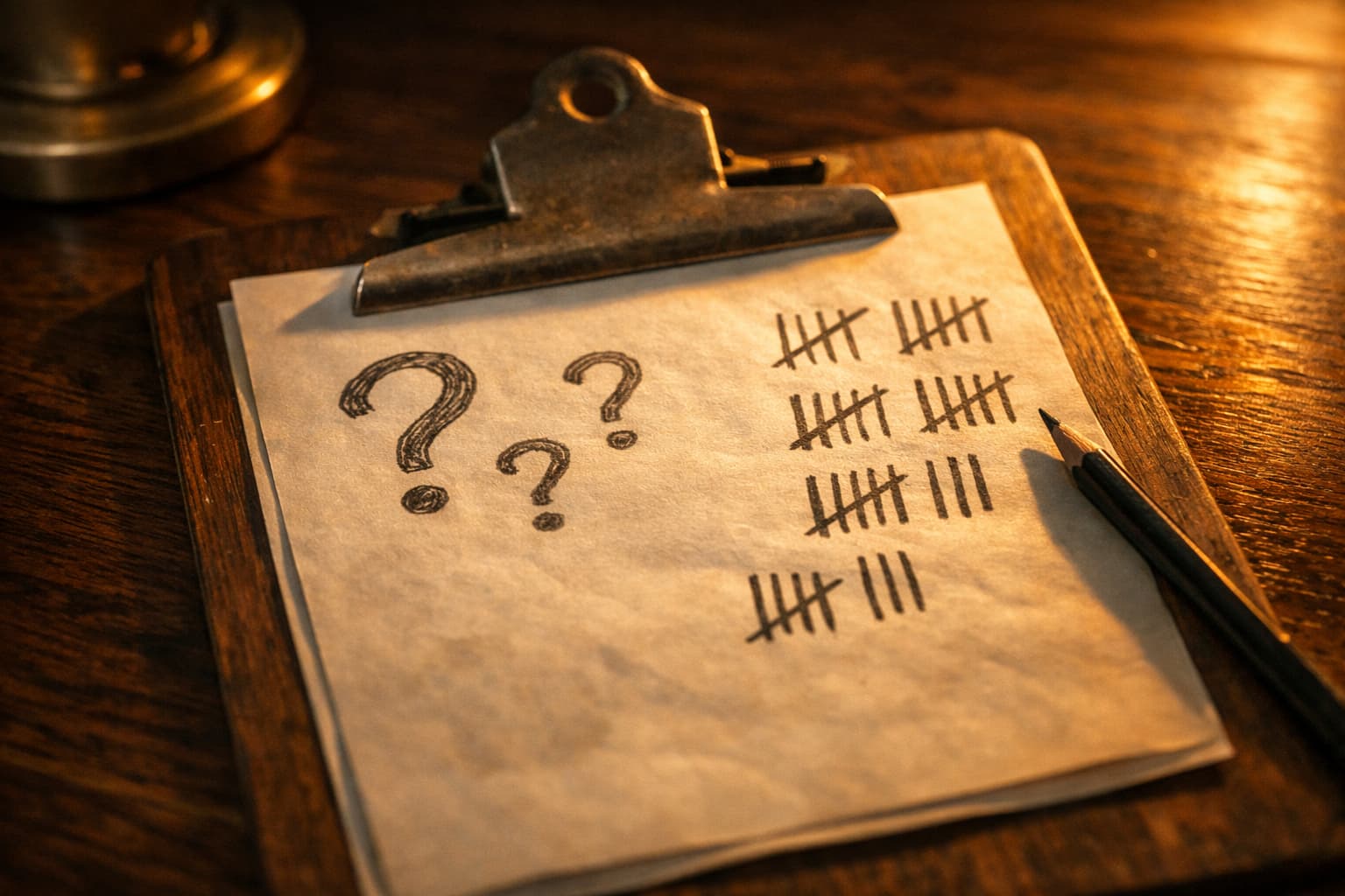 Clipboard with survey tally marks on a dark desk