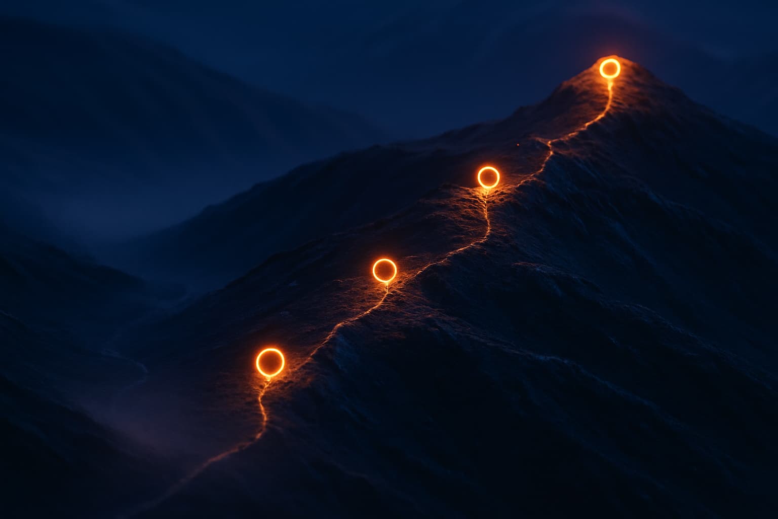 Mountain trail with four glowing markers representing product-market fit stages
