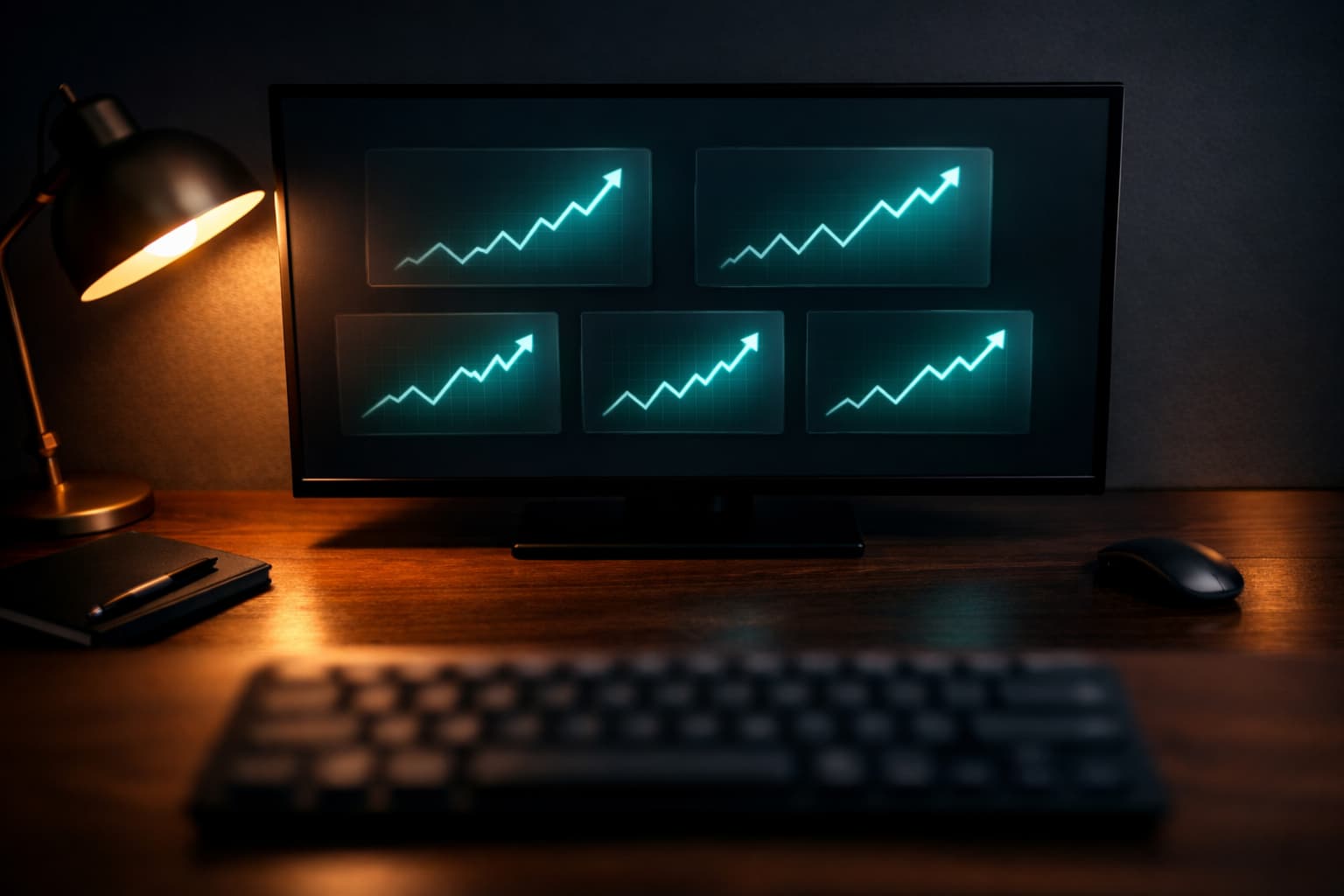 SaaS metrics dashboard with glowing KPI cards on dark workspace