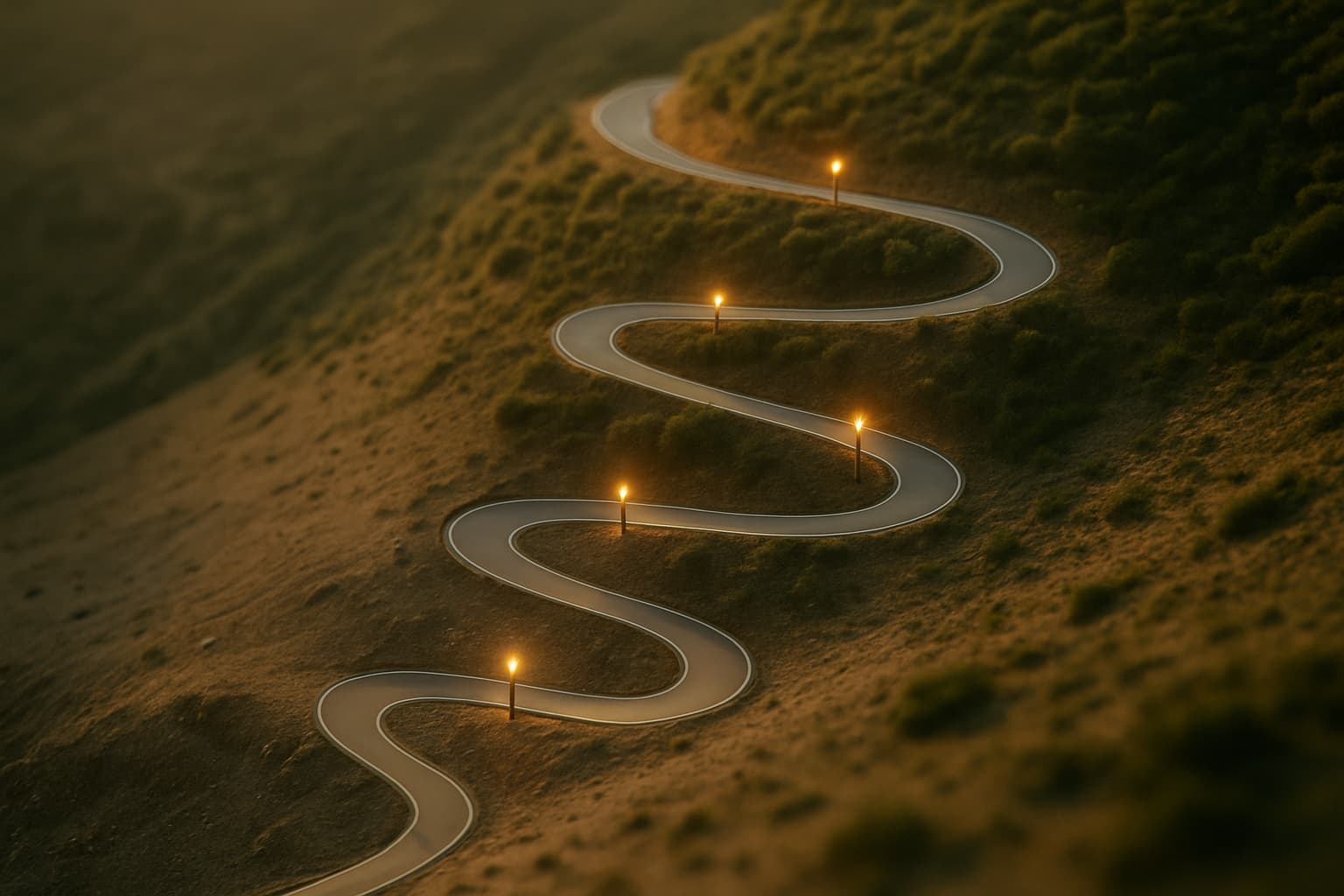 Mountain road with staged elevation markers for startup SEO investment