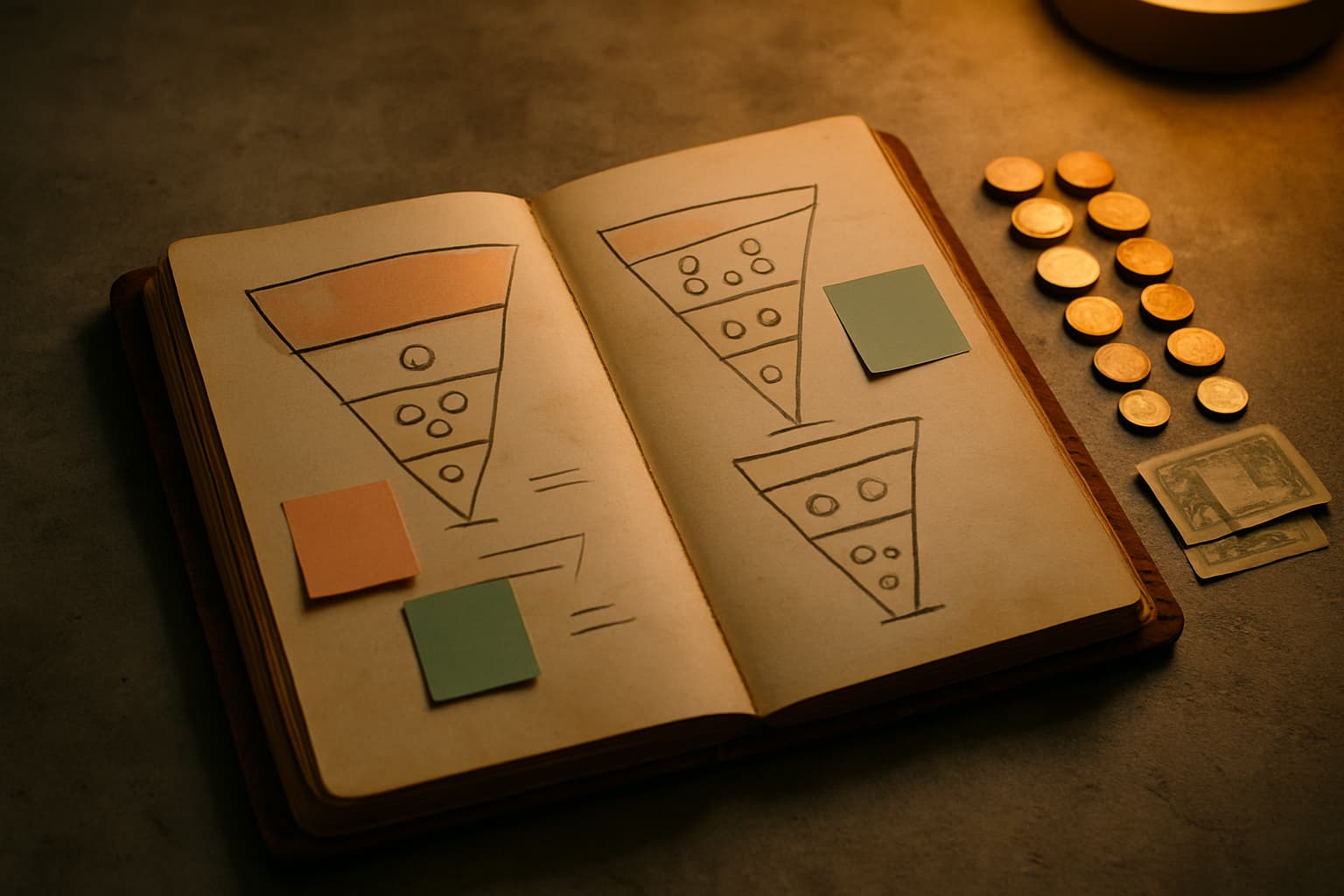 Marketing notebook with budget planning diagrams on concrete desk